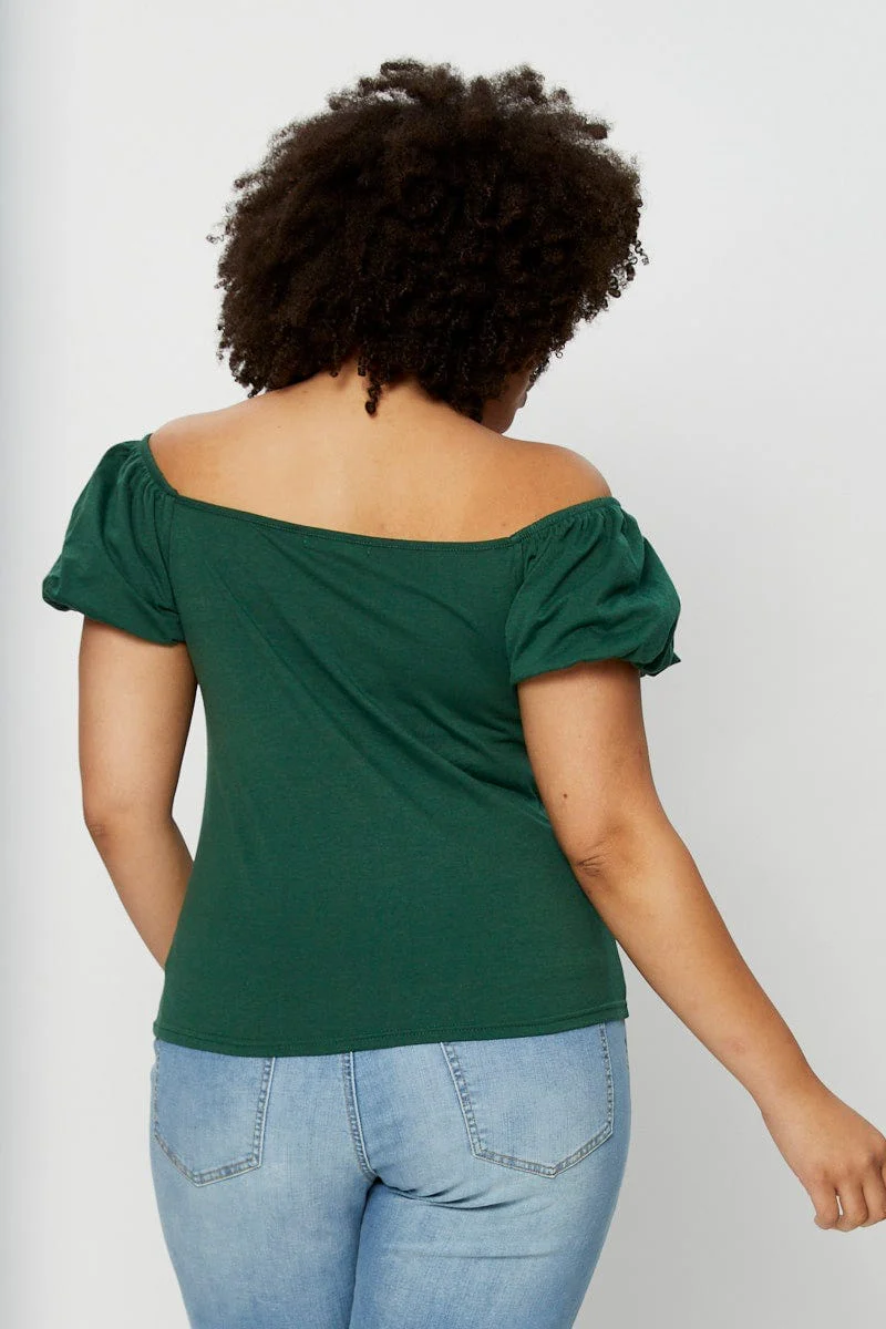 Green Top Off The Shoulder Puff Sleeve Tie Up - Image 5