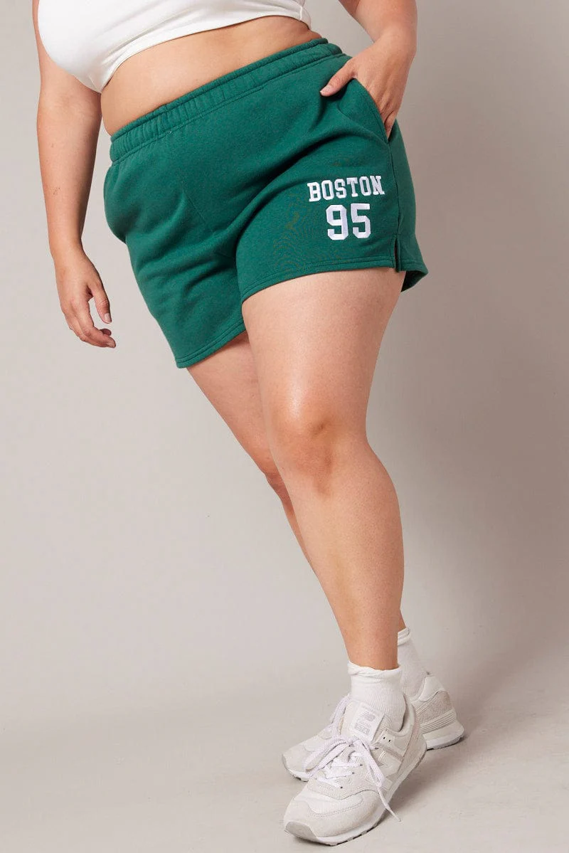 Green Track Shorts High Rise Elastic Waist