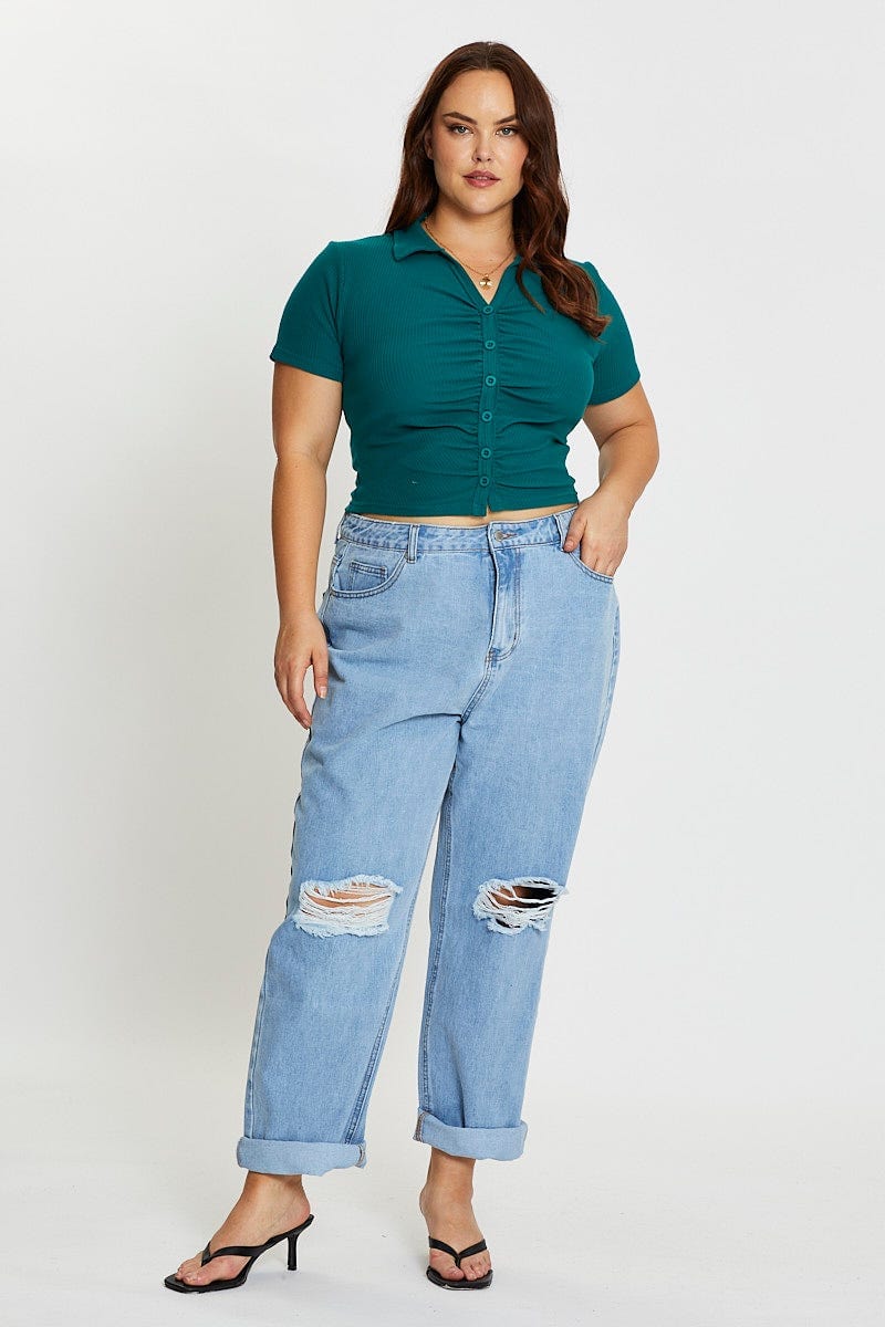 Green Up Top Gathered Front Short Sleeve Slinky Button - Image 2