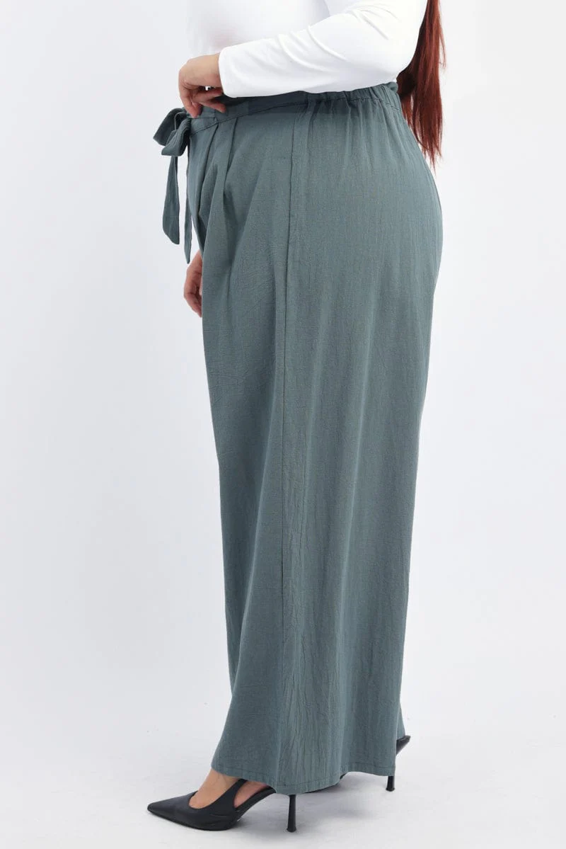 Green Washer Cotton Paperbag Wide Leg Pants - Image 3