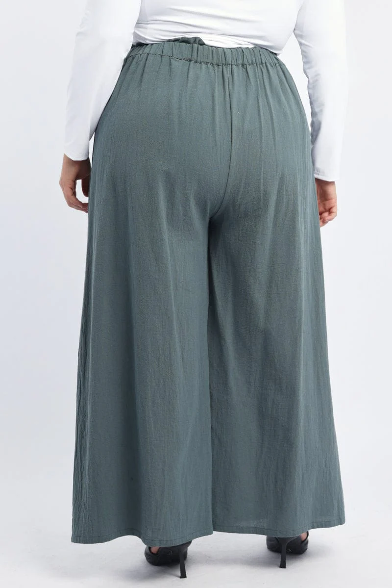 Green Washer Cotton Paperbag Wide Leg Pants - Image 4