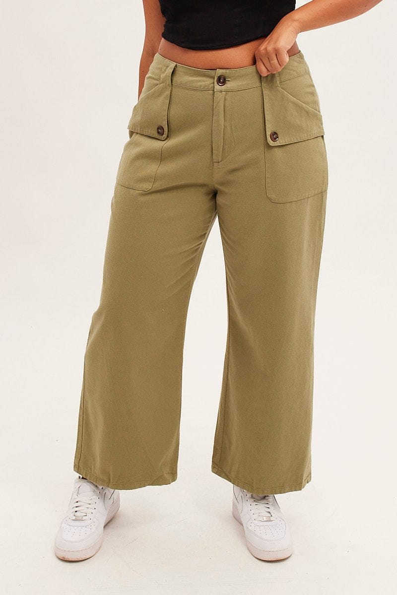 Green Wide Leg Pant Cargo Pocket Cotton - Image 2