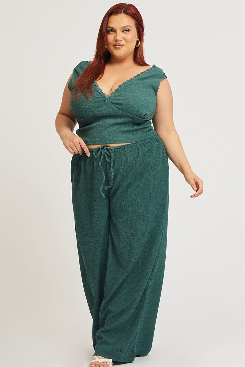 Green Wide Leg Pants Elastic Waist