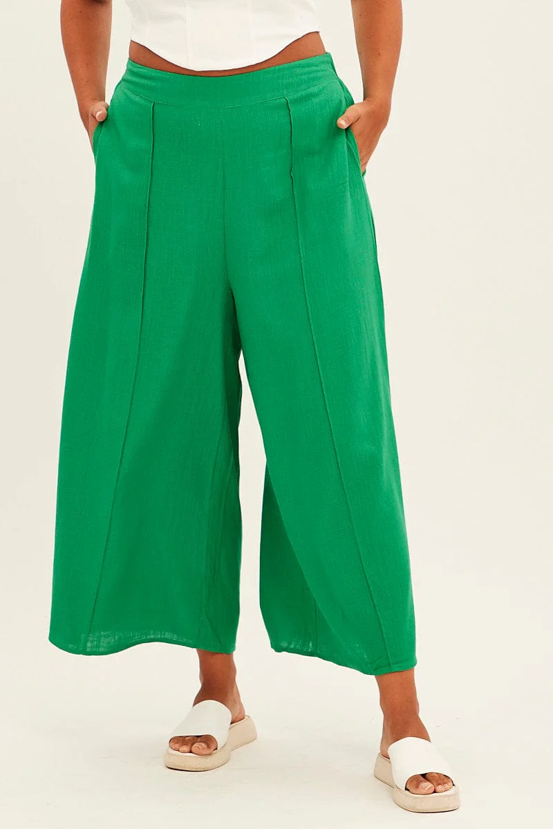 Green Wide Leg Pants High Rise Linen Blend - Image 2