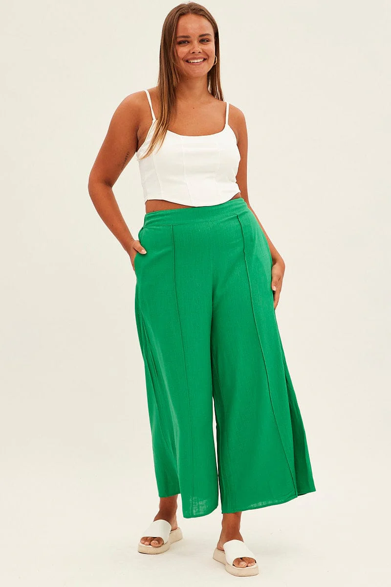 Green Wide Leg Pants High Rise Linen Blend - Image 3