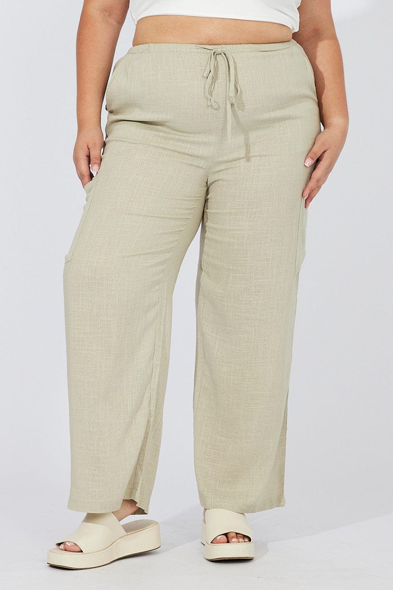 Green Wide Leg Pants Mid Rise Linen Blend - Image 3