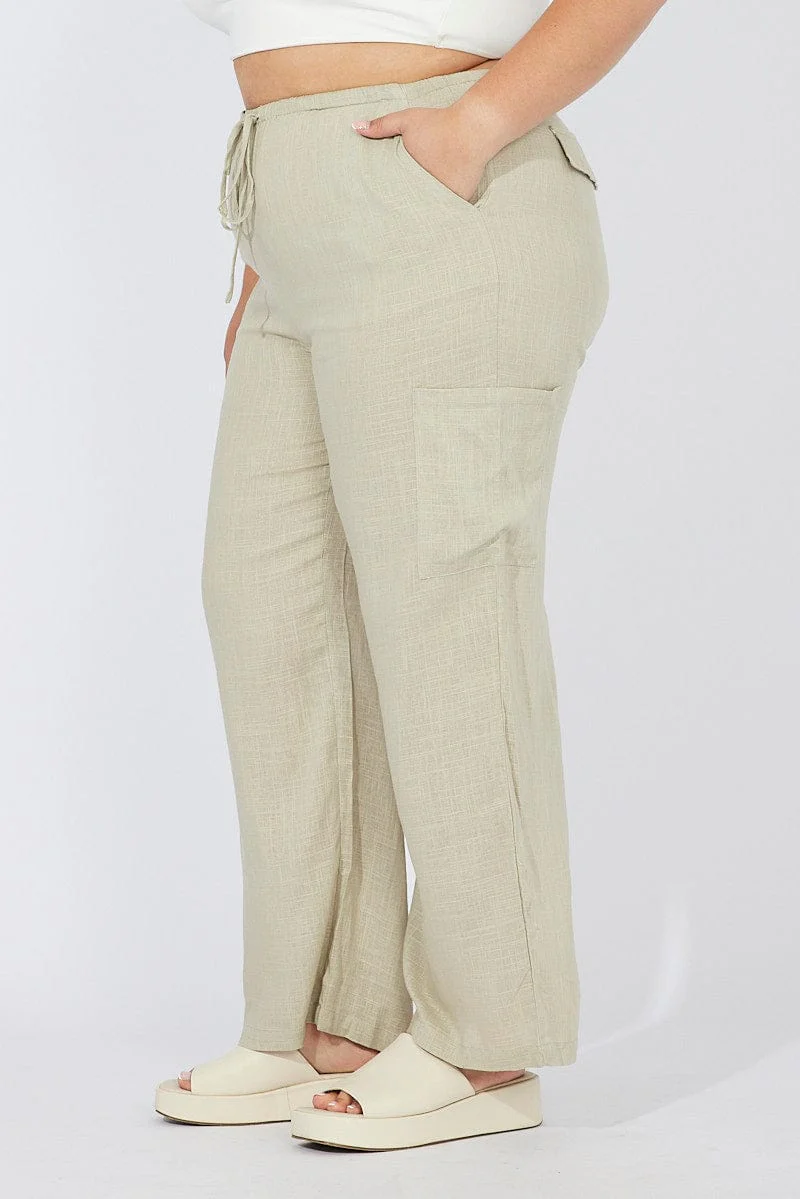 Green Wide Leg Pants Mid Rise Linen Blend - Image 4