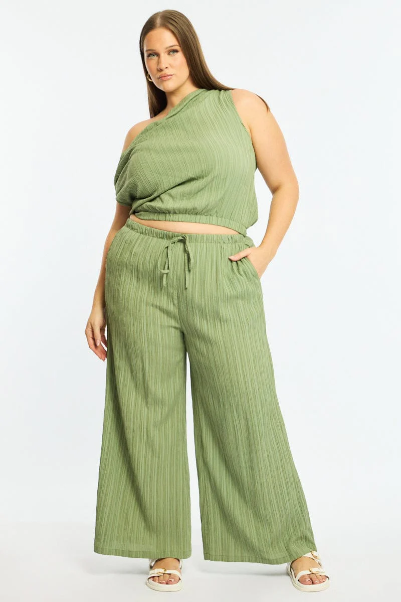 Green Wide Leg Pants Textured