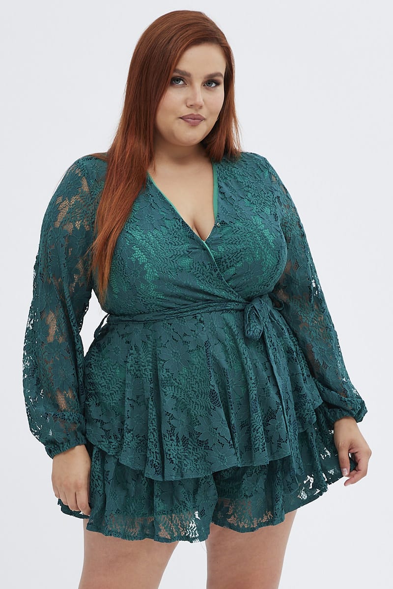 Green Wrap Playsuit Long Sleeve Lace - Image 3