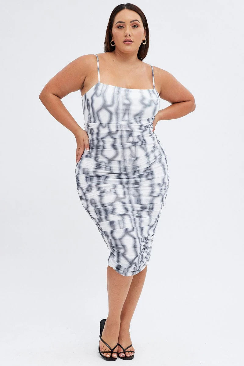 Grey Abstract Bodycon Dress Sleeveless Midi Mesh - Image 3