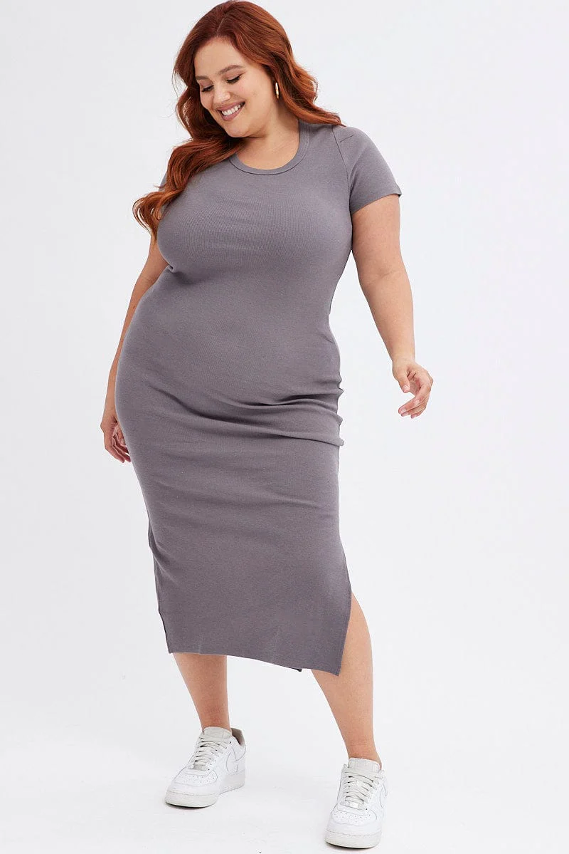 Grey Bodycon Dress Short Sleeve Midi Rib - Image 3