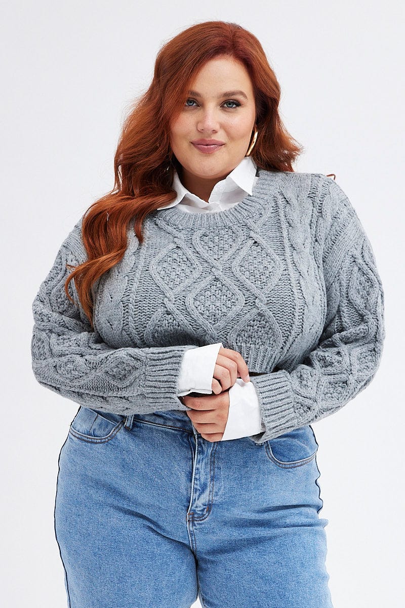 Grey Cable Knit Jumper Crop Faux Layered - Image 3