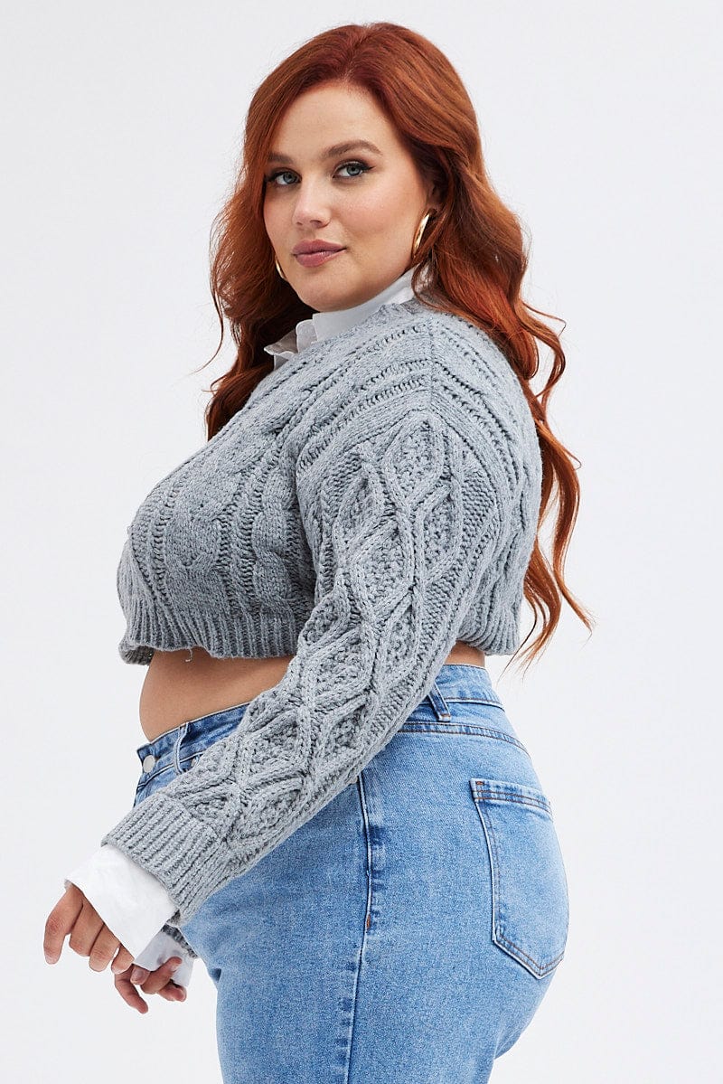 Grey Cable Knit Jumper Crop Faux Layered - Image 4