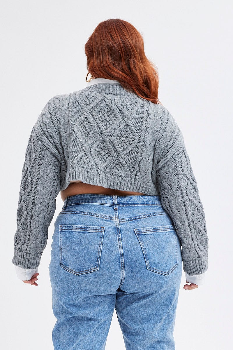 Grey Cable Knit Jumper Crop Faux Layered - Image 5