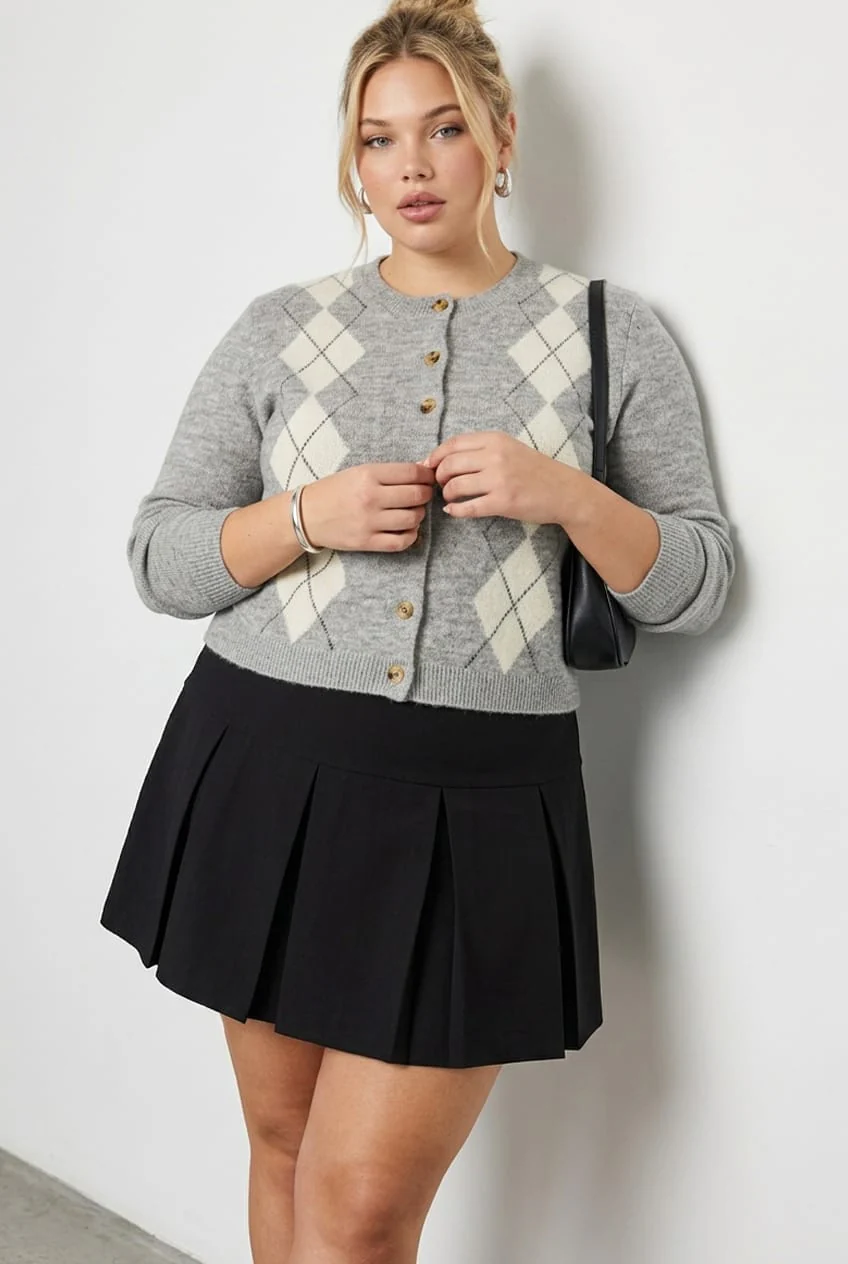 Grey Check Knit Cardigan Long Sleeve Argyle