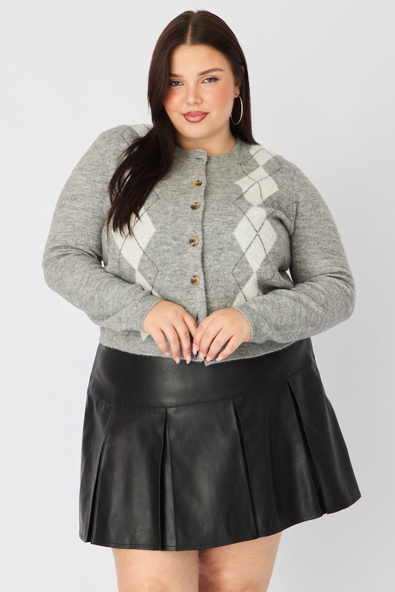 Grey Check Knit Cardigan Long Sleeve Argyle - Image 4