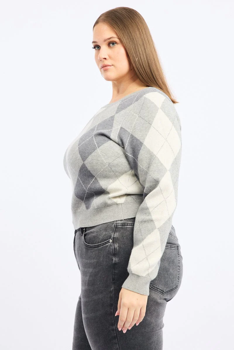 Grey Check Knit Jumper Long Sleeve Argyle - Image 3