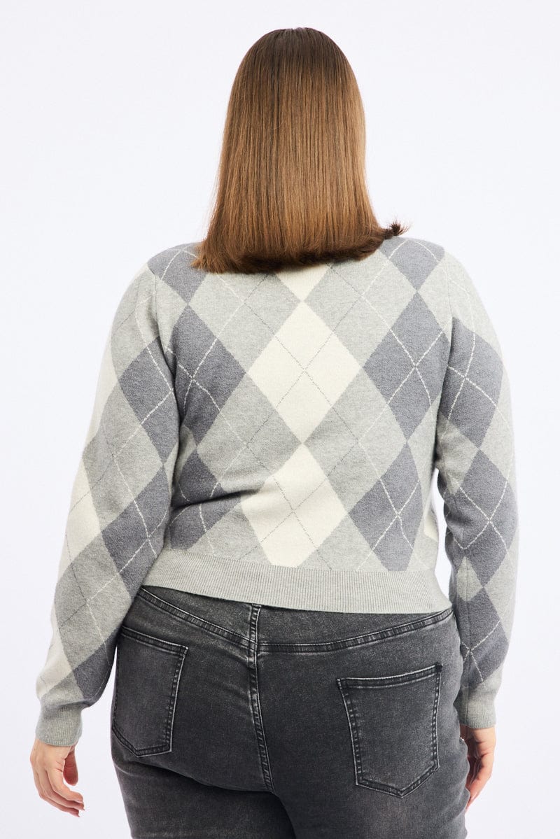 Grey Check Knit Jumper Long Sleeve Argyle - Image 4