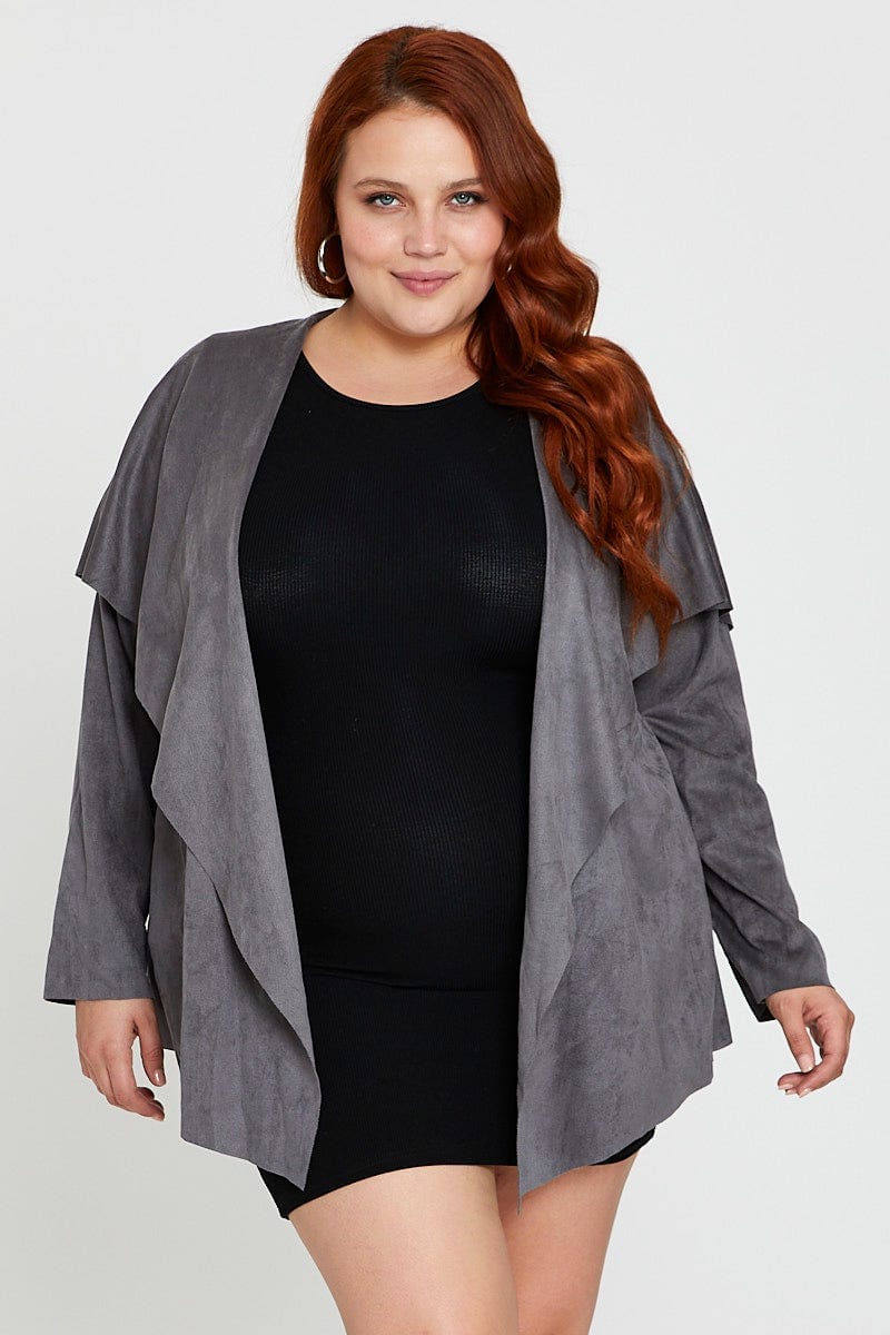 Grey Collar Jacket Long Sleeve Faux Leather Waterfall - Image 3