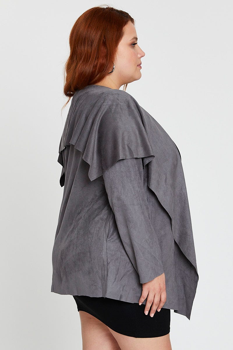 Grey Collar Jacket Long Sleeve Faux Leather Waterfall - Image 4