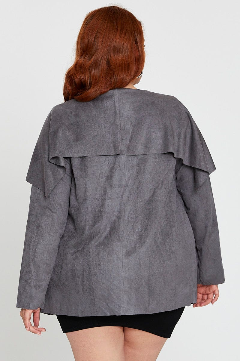 Grey Collar Jacket Long Sleeve Faux Leather Waterfall - Image 5
