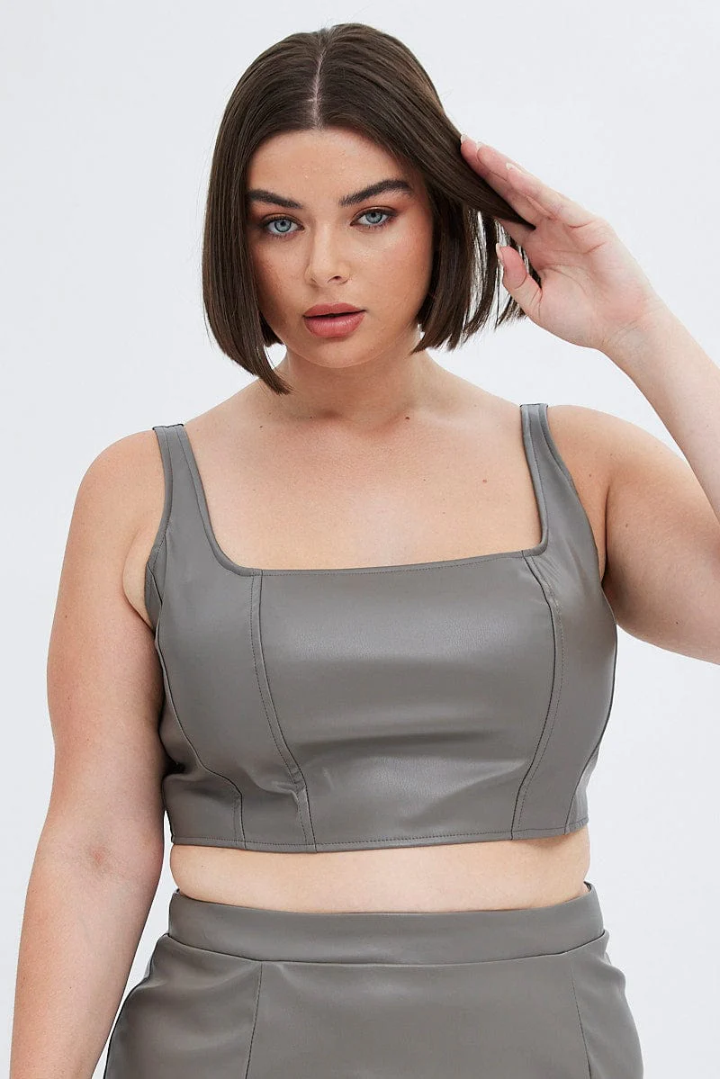 Grey Corset Top Sleeveless Faux Leather - Image 4