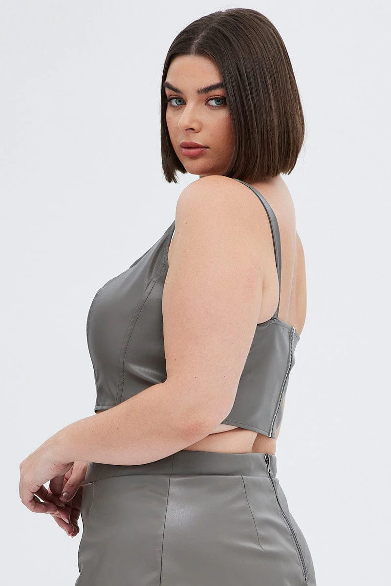 Grey Corset Top Sleeveless Faux Leather - Image 5