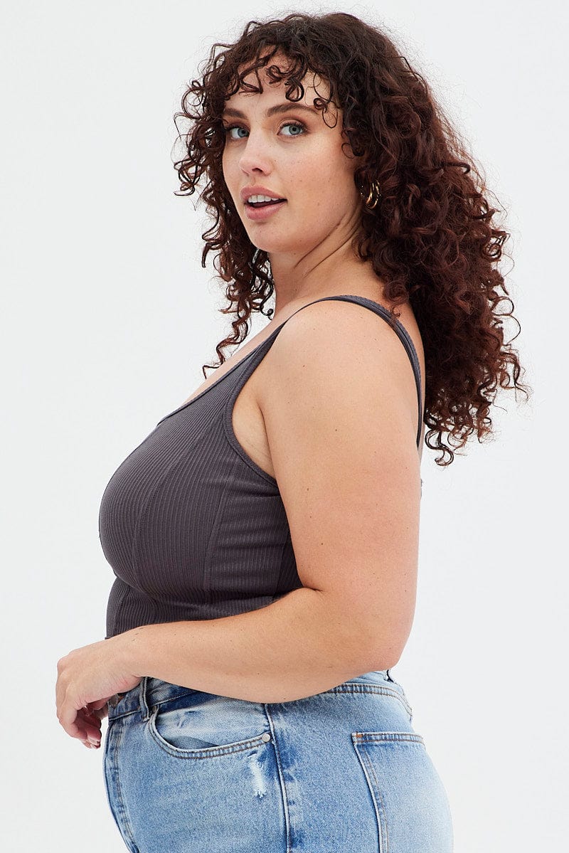 Grey Corset Top Sleeveless Scoop Neck Rib Jersey - Image 4