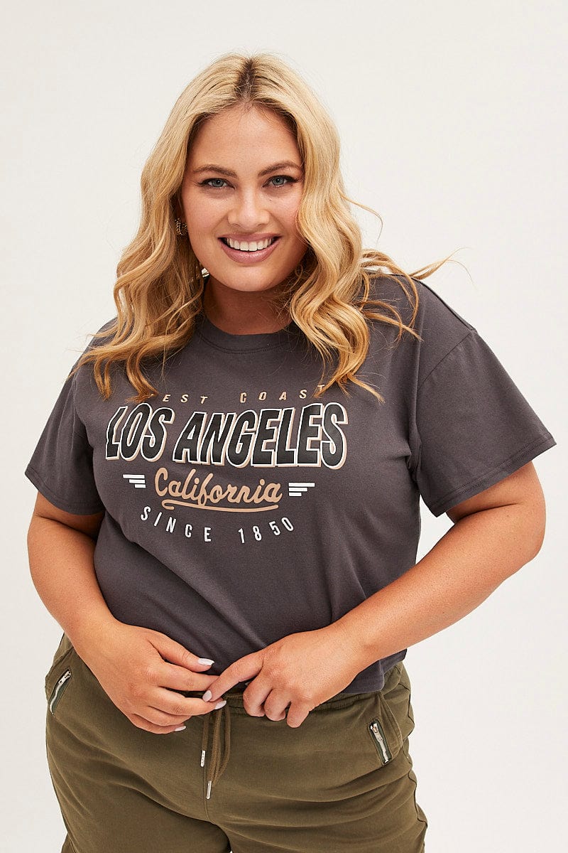 Grey Cotton T-shirt Embroidered Los Angeles