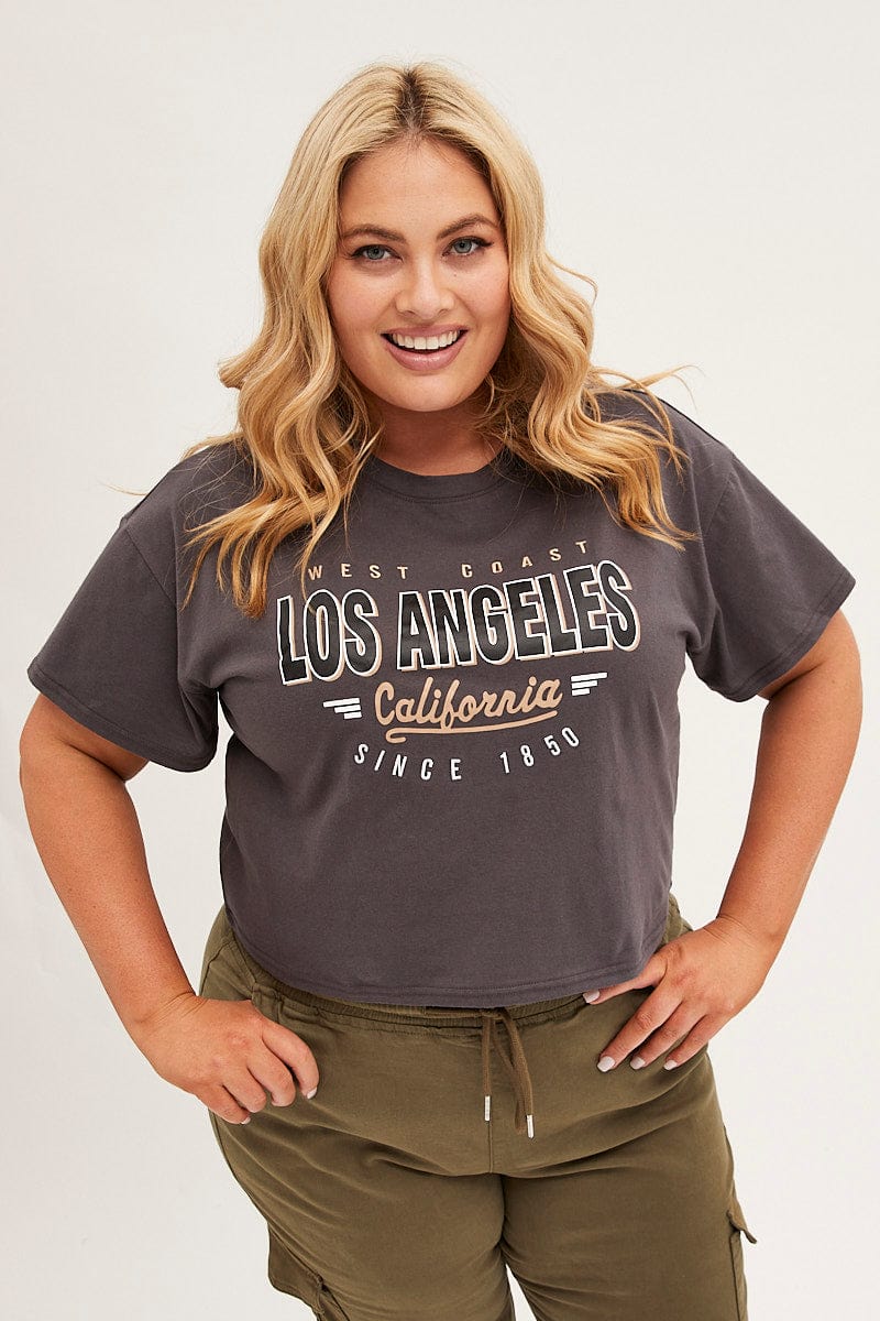 Grey Cotton T-shirt Embroidered Los Angeles - Image 3