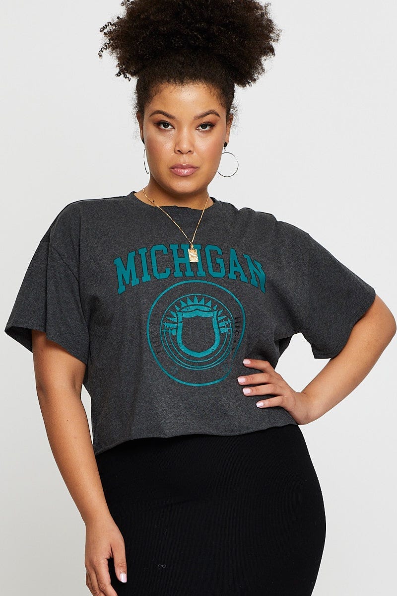 Grey Crop T-shirt Michigan Short Sleeve Cotton Semi - Image 3