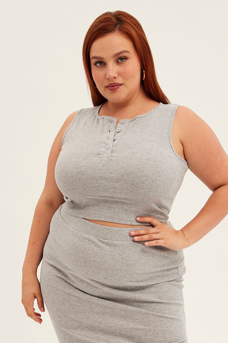 Grey Crop Top Sleeveless Button Up Rib Jersey