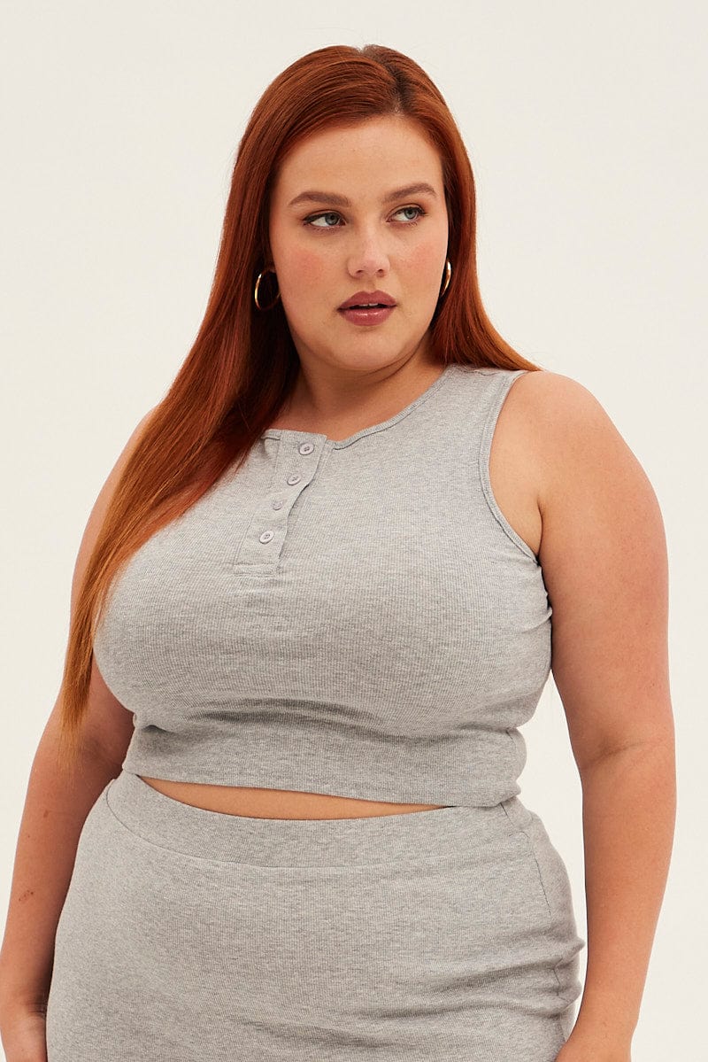 Grey Crop Top Sleeveless Button Up Rib Jersey - Image 3