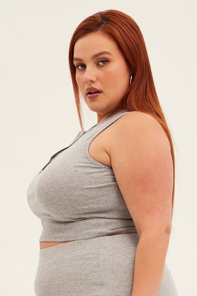 Grey Crop Top Sleeveless Button Up Rib Jersey - Image 4