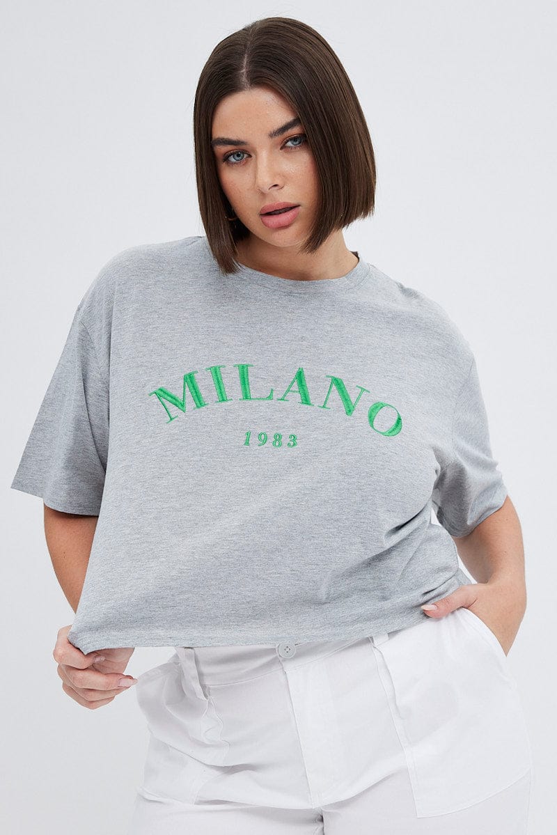 Grey Embroidered T-shirt Milano Crop Cotton Jersey