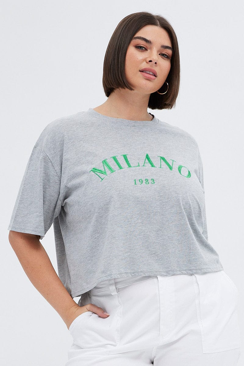 Grey Embroidered T-shirt Milano Crop Cotton Jersey - Image 3