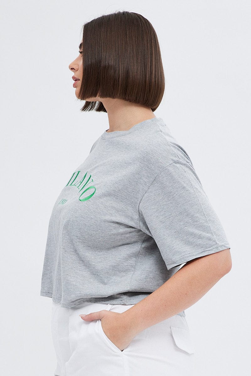 Grey Embroidered T-shirt Milano Crop Cotton Jersey - Image 4