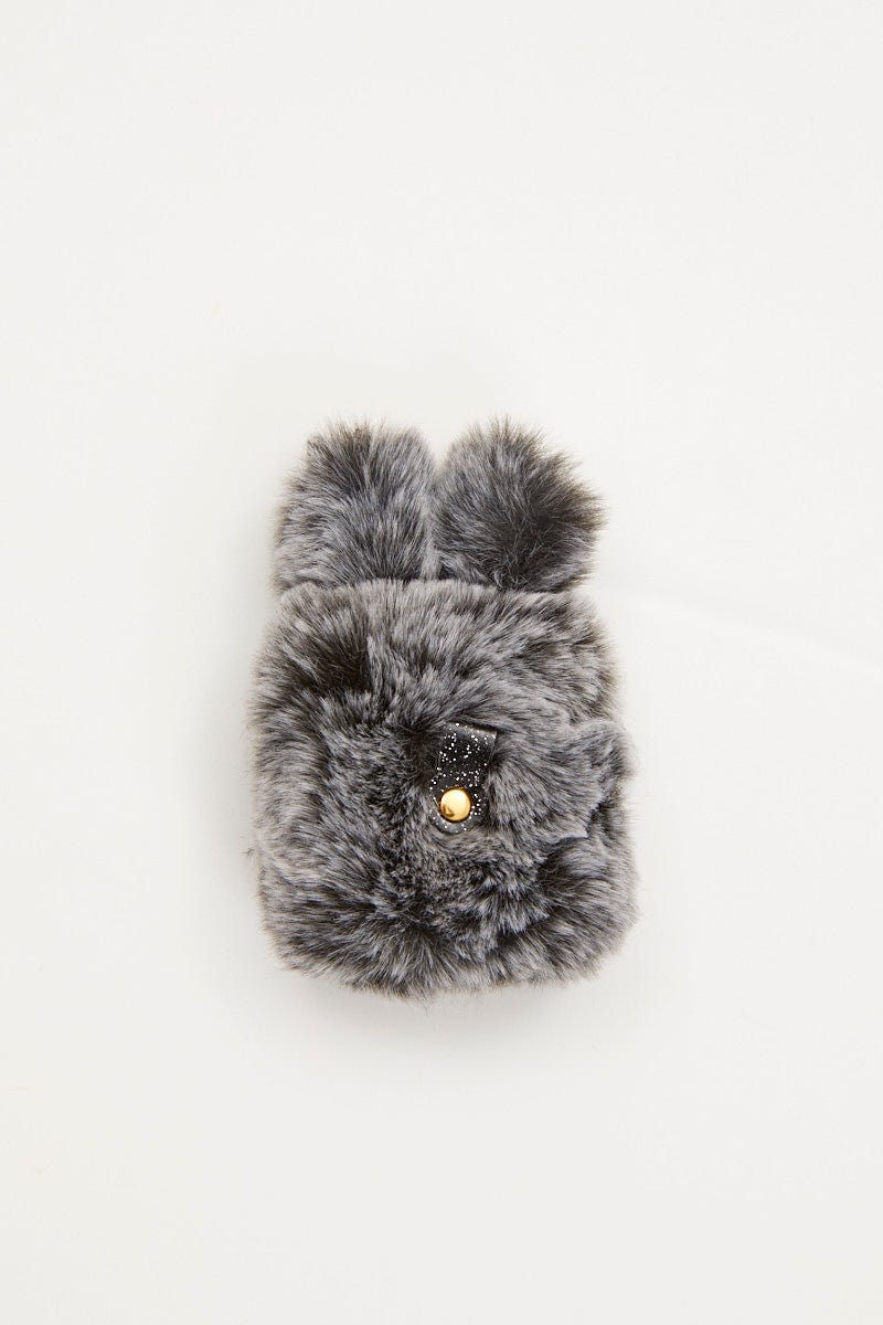 Grey Faux Fur Bunny Air Pod Case With Ears - Image 2