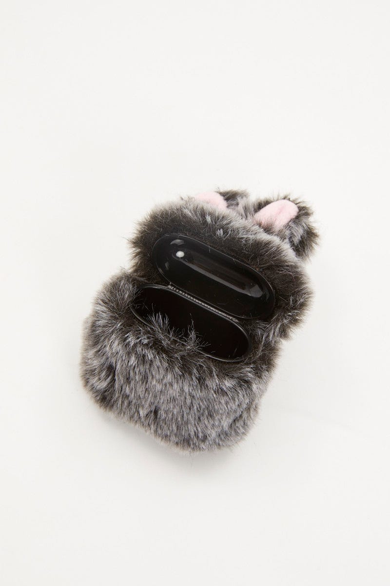 Grey Faux Fur Bunny Air Pod Case With Ears - Image 3