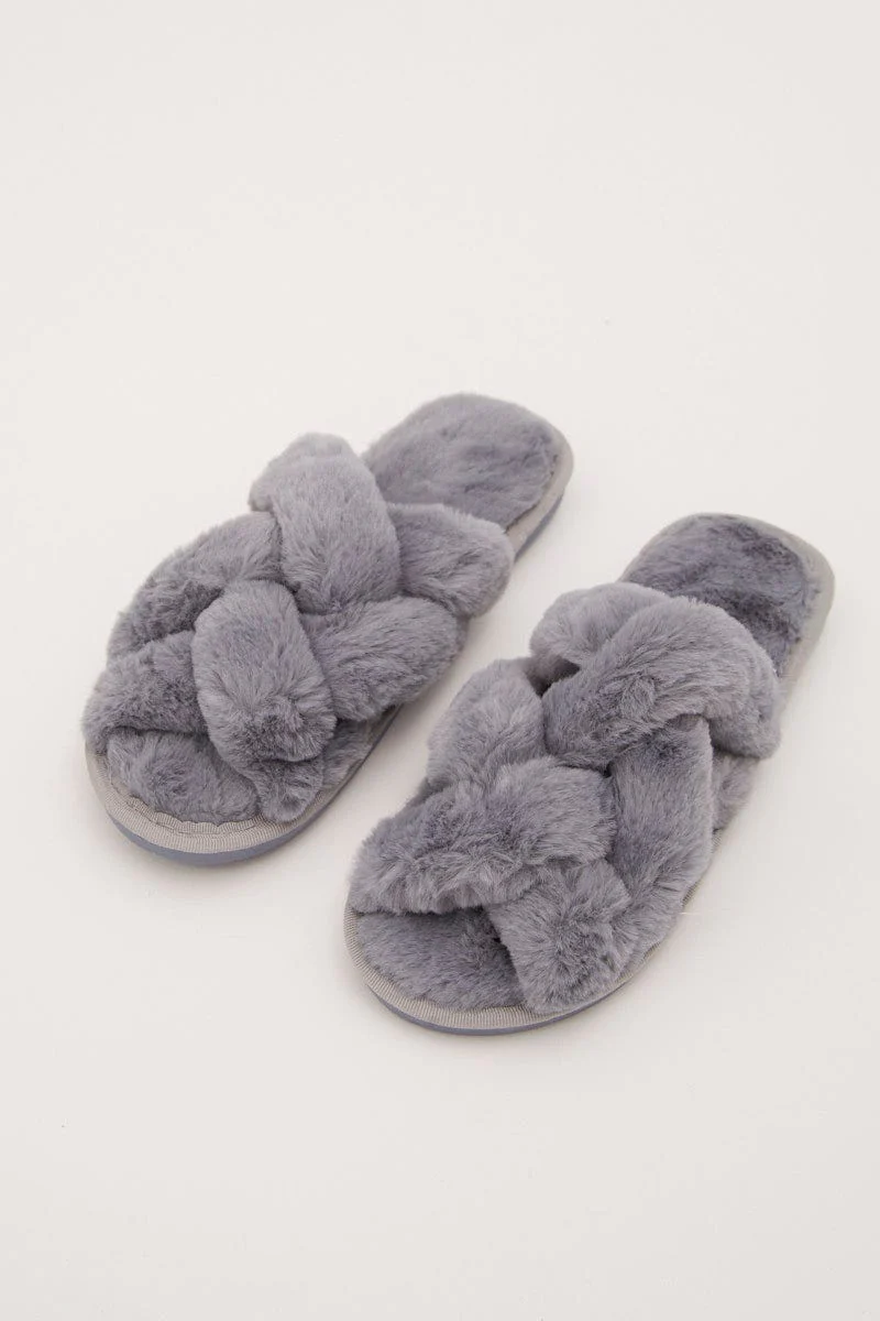 Grey Faux Fur Slippers - Image 2