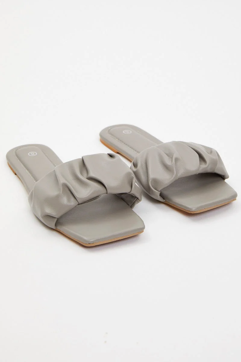 Grey Faux Leather Ruched Flat Slides - Image 3