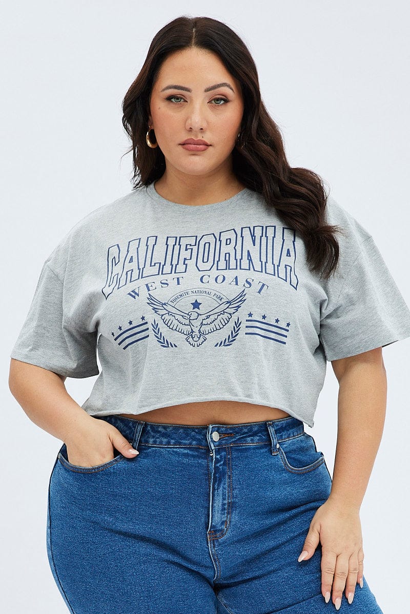 Grey Graphic Crop T-shirt Short Sleeve Crew Neck - Image 3
