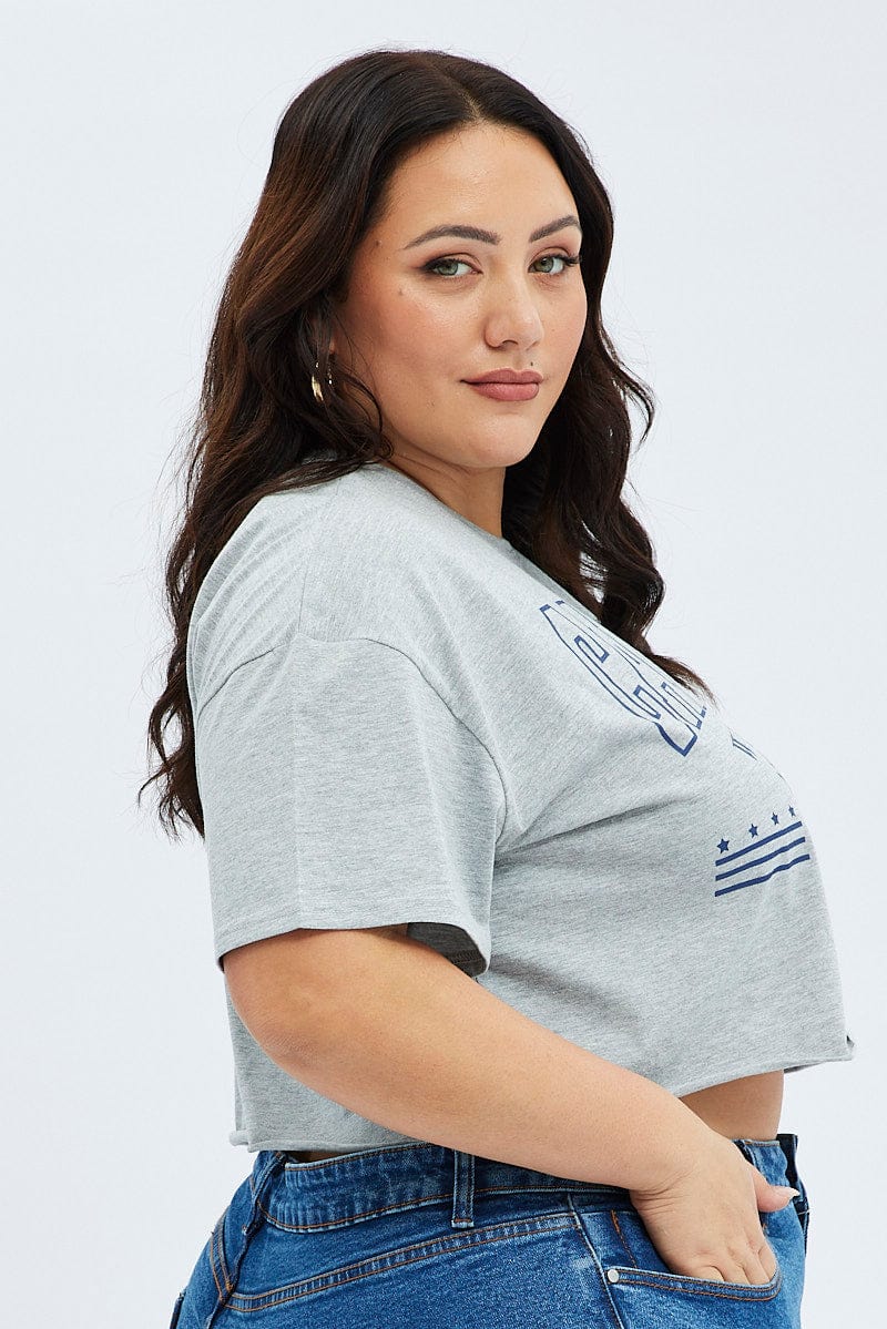 Grey Graphic Crop T-shirt Short Sleeve Crew Neck - Image 4