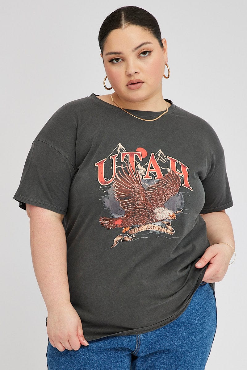 Grey Graphic Crop T-shirt Short Sleeve Crew Neck
