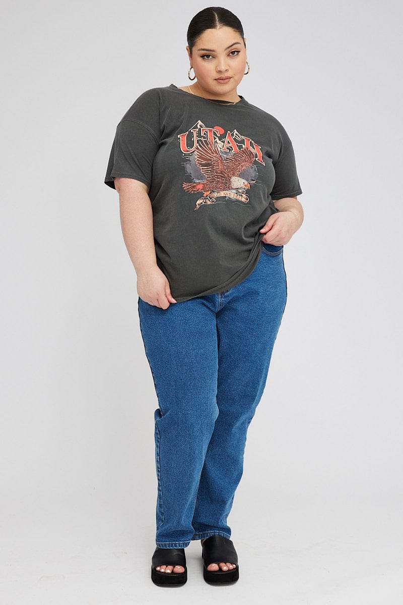 Grey Graphic Crop T-shirt Short Sleeve Crew Neck - Image 2