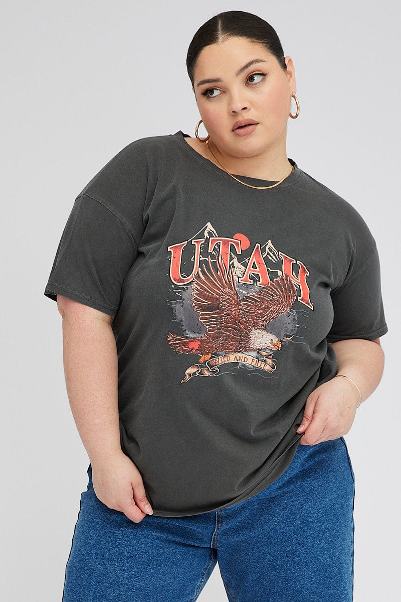 Grey Graphic Crop T-shirt Short Sleeve Crew Neck - Image 3