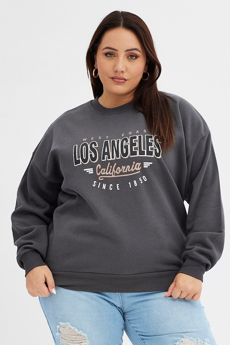Grey Graphic Sweater Los Angeles Long Sleeve Relaxed - Image 3