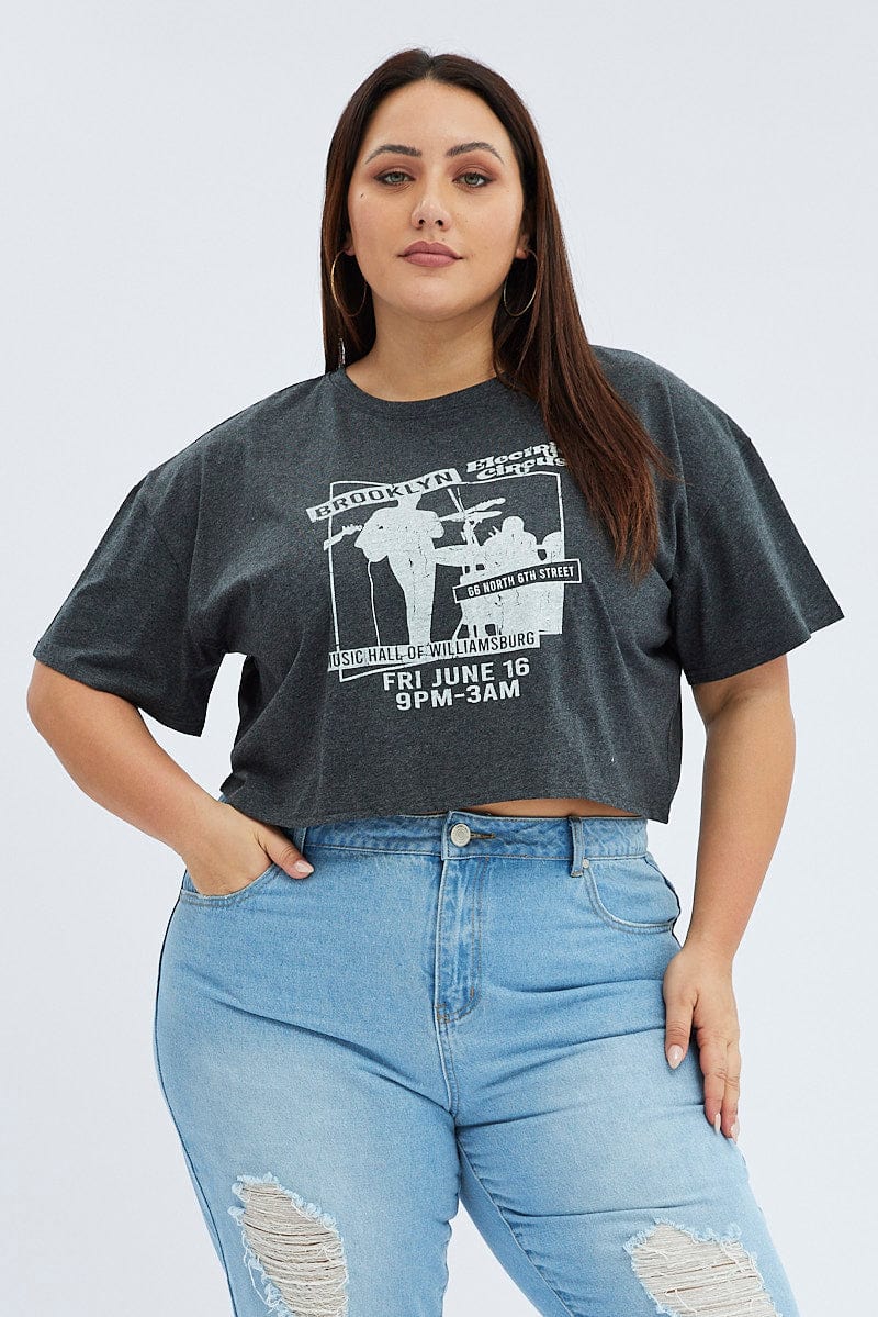 Grey Graphic T-shirt Brooklyn Band Super Crop Jersey - Image 3