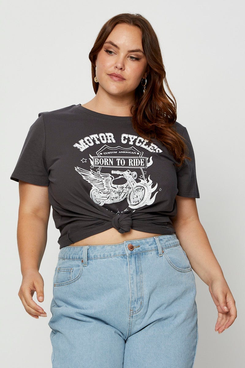 Grey Graphic T-shirt Crew Neck Short Sleeve