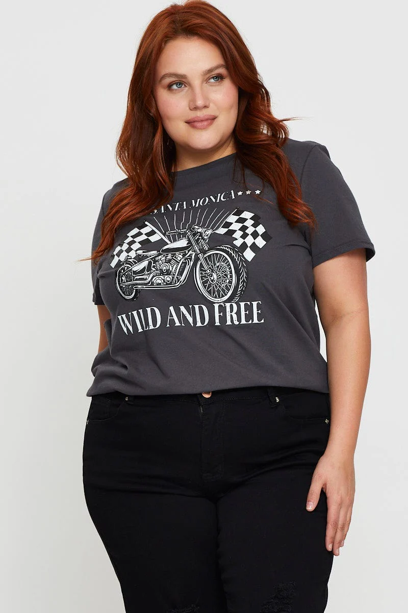 Grey Graphic T-shirt Crew Neck Short Sleeve - Image 3